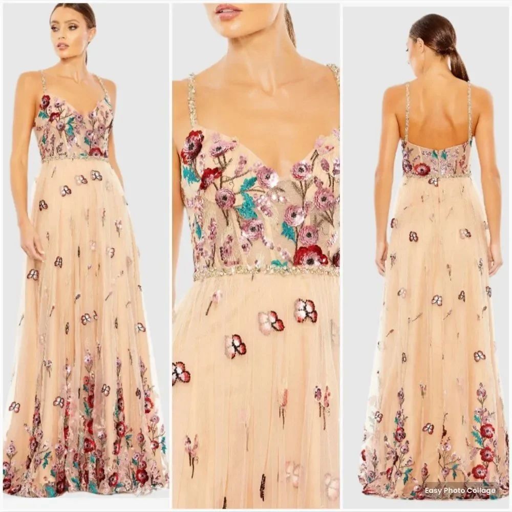 NWT Mac Duggal 681101 Embellished Floral Detail A Line Gown Nude Multi Size 0